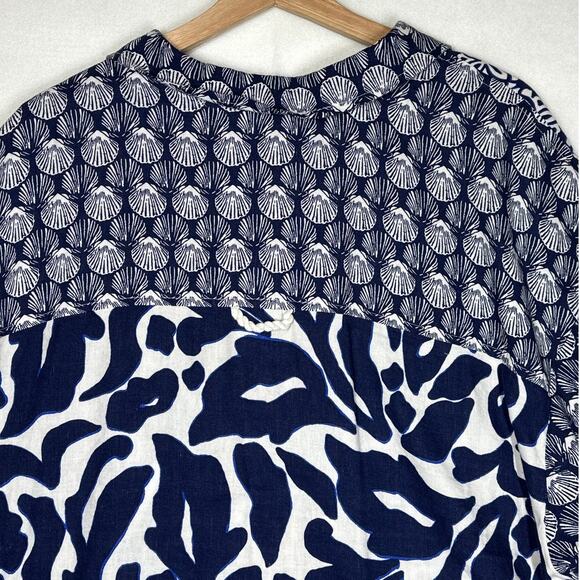 By Anthropologie Printed Linen Blend Buttondown Shirt Top Sz 2X Beach Nautical - Picture 10 of 14